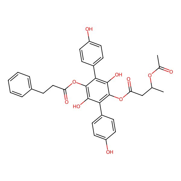 2D Structure of [2,5-Dihydroxy-3,6-bis(4-hydroxyphenyl)-4-(3-phenylpropanoyloxy)phenyl] 3-acetyloxybutanoate