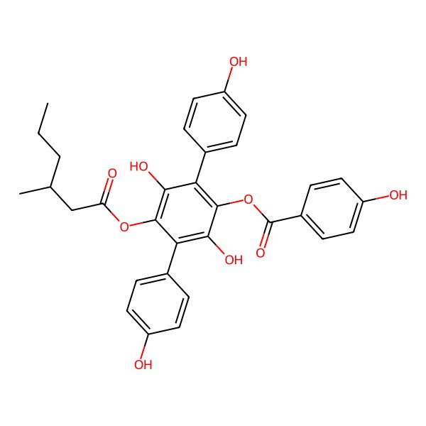 2D Structure of [2,5-dihydroxy-3,6-bis(4-hydroxyphenyl)-4-[(3S)-3-methylhexanoyl]oxyphenyl] 4-hydroxybenzoate