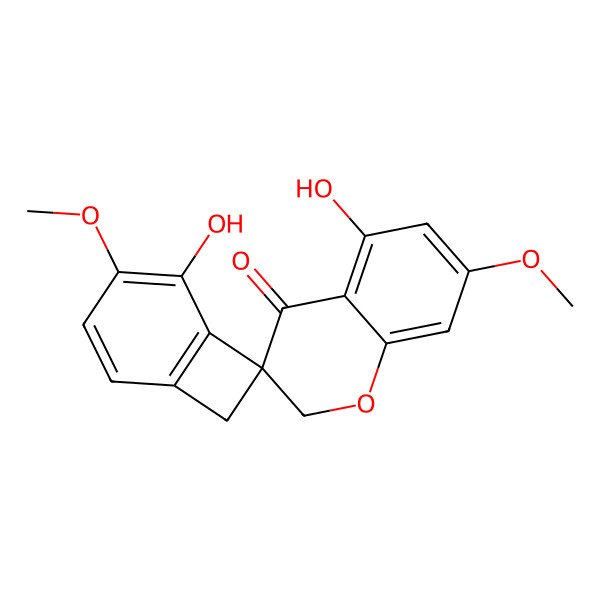 2D Structure of 2',5-dihydroxy-3',7-dimethoxyspiro[2H-chromene-3,8'-bicyclo[4.2.0]octa-1(6),2,4-triene]-4-one