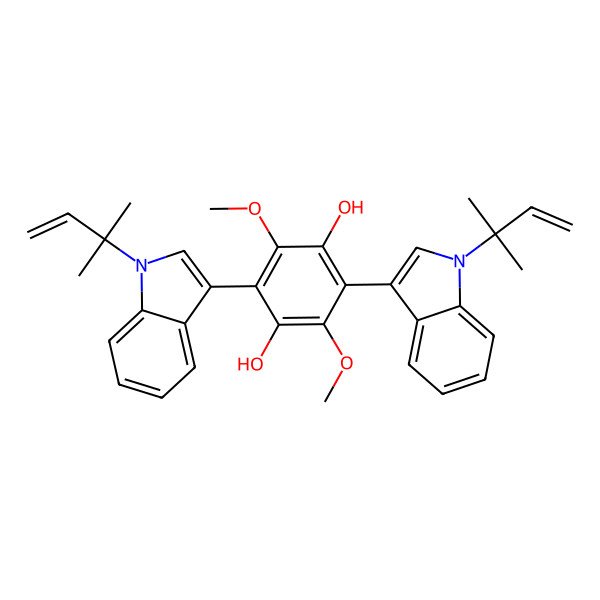 2D Structure of 2,5-Dimethoxy-3,6-bis[1-(2-methylbut-3-en-2-yl)indol-3-yl]benzene-1,4-diol