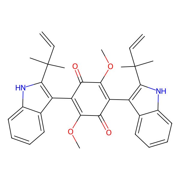 2D Structure of 2,5-dimethoxy-3,6-bis[2-(2-methylbut-3-en-2-yl)-1H-indol-3-yl]cyclohexa-2,5-diene-1,4-dione