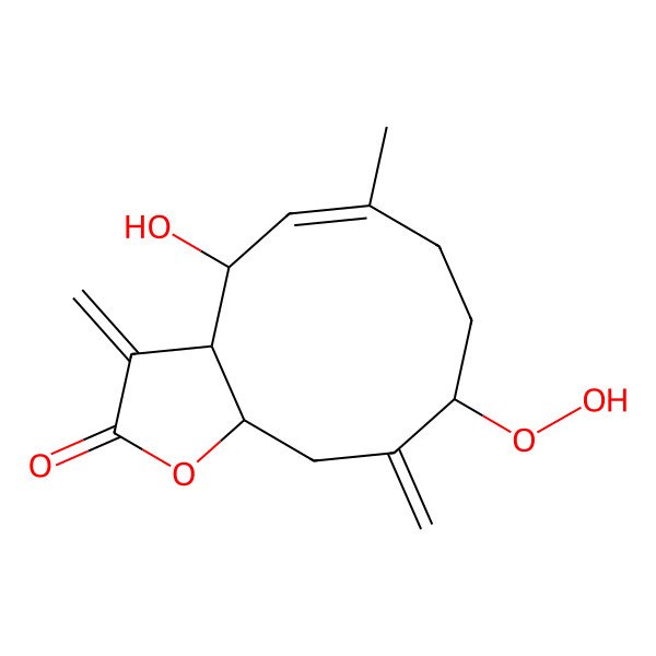 2D Structure of (3aS,4R,5E,9R,11aS)-9-hydroperoxy-4-hydroxy-6-methyl-3,10-dimethylidene-4,7,8,9,11,11a-hexahydro-3aH-cyclodeca[b]furan-2-one