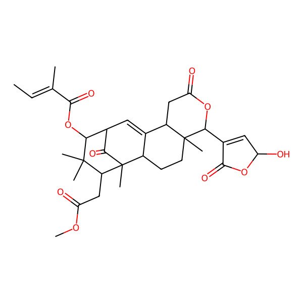 2D Structure of [(1R,2S,5R,6R,10S,13S,14R,16S)-6-[(2S)-2-hydroxy-5-oxo-2H-furan-4-yl]-16-(2-methoxy-2-oxoethyl)-1,5,15,15-tetramethyl-8,17-dioxo-7-oxatetracyclo[11.3.1.02,11.05,10]heptadec-11-en-14-yl] (E)-2-methylbut-2-enoate