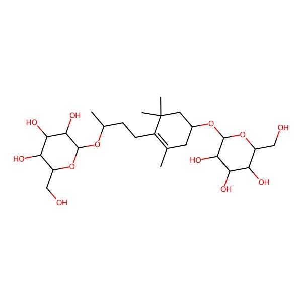 2D Structure of (2R,3S,4S,5R,6R)-2-(hydroxymethyl)-6-[(1R)-3,5,5-trimethyl-4-[(3S)-3-[(2R,3R,4S,5S,6R)-3,4,5-trihydroxy-6-(hydroxymethyl)oxan-2-yl]oxybutyl]cyclohex-3-en-1-yl]oxyoxane-3,4,5-triol