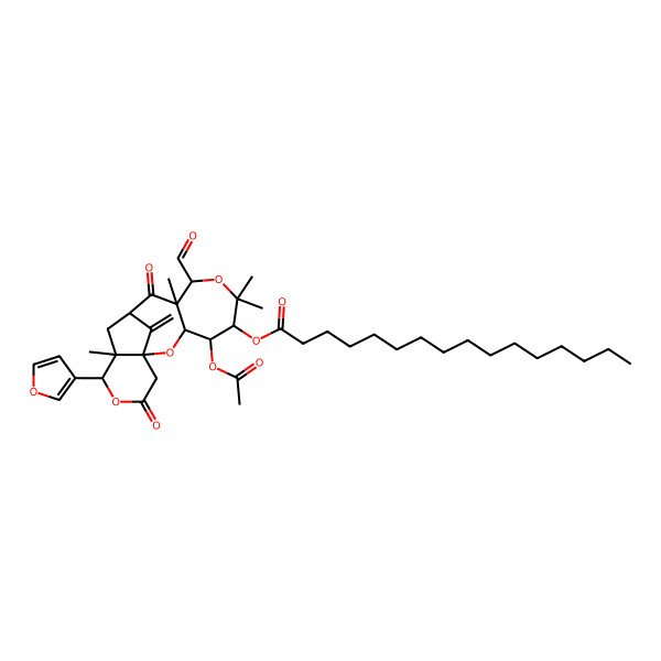 2D Structure of [4-Acetyloxy-8-formyl-14-(furan-3-yl)-6,6,9,13-tetramethyl-18-methylidene-10,16-dioxo-2,7,15-trioxatetracyclo[9.6.1.01,13.03,9]octadecan-5-yl] hexadecanoate