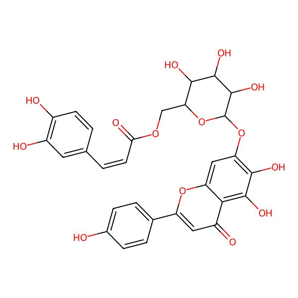 2D Structure of [(2R,3S,4S,5R,6S)-6-[5,6-dihydroxy-2-(4-hydroxyphenyl)-4-oxochromen-7-yl]oxy-3,4,5-trihydroxyoxan-2-yl]methyl (E)-3-(3,4-dihydroxyphenyl)prop-2-enoate