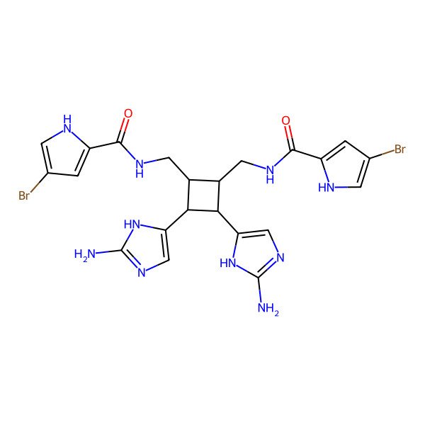 2D Structure of 4-bromo-N-[[2-[[(4-bromo-1H-pyrrole-2-carbonyl)amino]methyl]-3,4-bis(2-imino-1,3-dihydroimidazol-4-yl)cyclobutyl]methyl]-1H-pyrrole-2-carboxamide