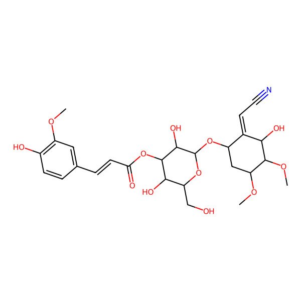2D Structure of [(2R,3R,4S,5R,6R)-2-[(1R,2E,3S,4R,5S)-2-(cyanomethylidene)-3-hydroxy-4,5-dimethoxycyclohexyl]oxy-3,5-dihydroxy-6-(hydroxymethyl)oxan-4-yl] (E)-3-(4-hydroxy-3-methoxyphenyl)prop-2-enoate