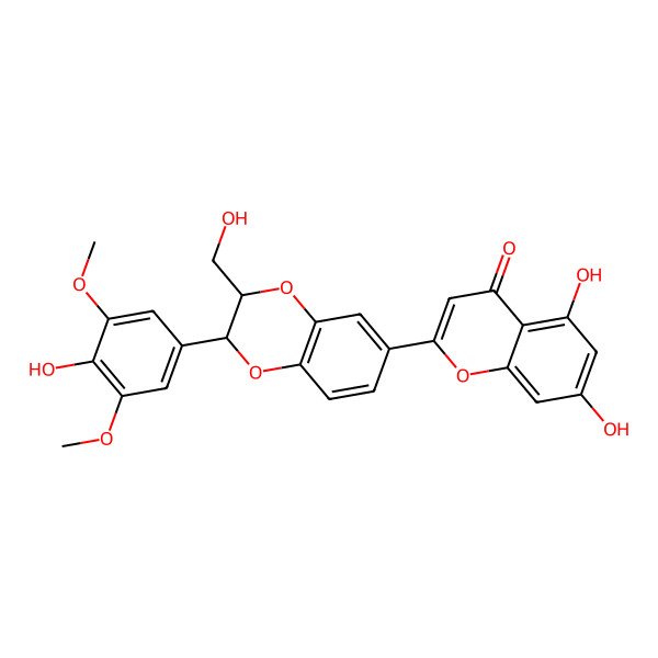 2D Structure of 5,7-Dihydroxy-2-[2-(4-hydroxy-3,5-dimethoxyphenyl)-3-(hydroxymethyl)-2,3-dihydro-1,4-benzodioxin-6-yl]chromen-4-one