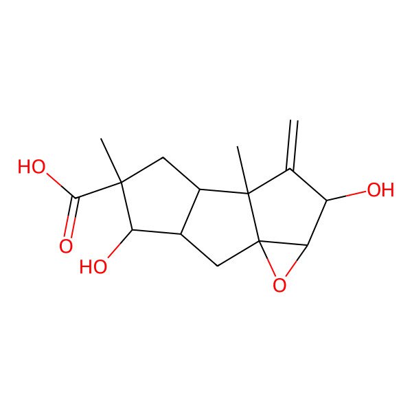 2D Structure of (1S,3R,4R,5R,7R,8R,10R,11R)-4,10-dihydroxy-5,8-dimethyl-9-methylidene-12-oxatetracyclo[6.4.0.01,11.03,7]dodecane-5-carboxylic acid