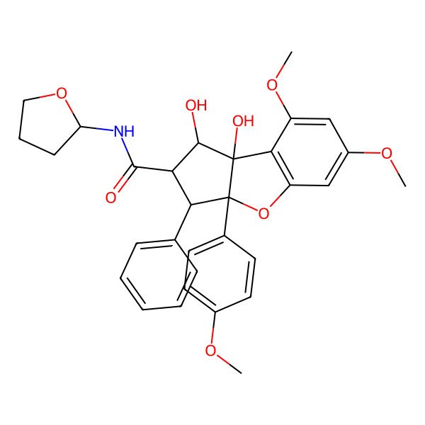 2D Structure of 1,8b-dihydroxy-6,8-dimethoxy-3a-(4-methoxyphenyl)-N-(oxolan-2-yl)-3-phenyl-2,3-dihydro-1H-cyclopenta[b][1]benzofuran-2-carboxamide