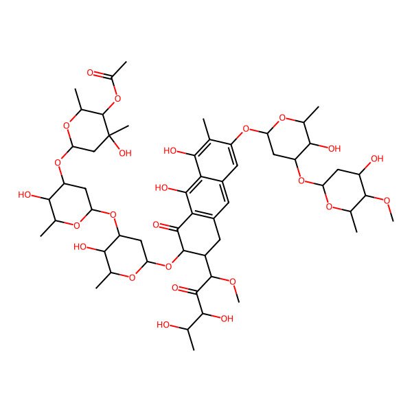 2D Structure of [6-[6-[6-[[3-(3,4-dihydroxy-1-methoxy-2-oxopentyl)-8,9-dihydroxy-6-[5-hydroxy-4-(4-hydroxy-5-methoxy-6-methyloxan-2-yl)oxy-6-methyloxan-2-yl]oxy-7-methyl-1-oxo-3,4-dihydro-2H-anthracen-2-yl]oxy]-3-hydroxy-2-methyloxan-4-yl]oxy-3-hydroxy-2-methyloxan-4-yl]oxy-4-hydroxy-2,4-dimethyloxan-3-yl] acetate