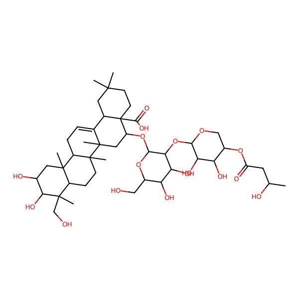 2D Structure of (4aR,5R,6aR,6aS,6bR,8aR,9R,10R,11S,12aR,14bS)-5-[(2R,3R,4S,5S,6R)-3-[(2S,3S,4S,5R)-3,4-dihydroxy-5-(3-hydroxybutanoyloxy)oxan-2-yl]oxy-4,5-dihydroxy-6-(hydroxymethyl)oxan-2-yl]oxy-10,11-dihydroxy-9-(hydroxymethyl)-2,2,6a,6b,9,12a-hexamethyl-1,3,4,5,6,6a,7,8,8a,10,11,12,13,14b-tetradecahydropicene-4a-carboxylic acid