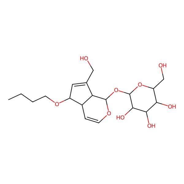 2D Structure of (2S,3R,4S,5S,6R)-2-[[(1S,4aR,5R,7aS)-5-butoxy-7-(hydroxymethyl)-1,4a,5,7a-tetrahydrocyclopenta[c]pyran-1-yl]oxy]-6-(hydroxymethyl)oxane-3,4,5-triol