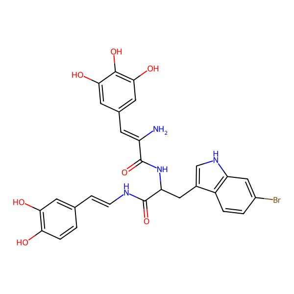 2D Structure of (2S)-2-[[(E)-2-amino-3-(3,4,5-trihydroxyphenyl)prop-2-enoyl]amino]-3-(6-bromo-1H-indol-3-yl)-N-[(E)-2-(3,4-dihydroxyphenyl)ethenyl]propanamide