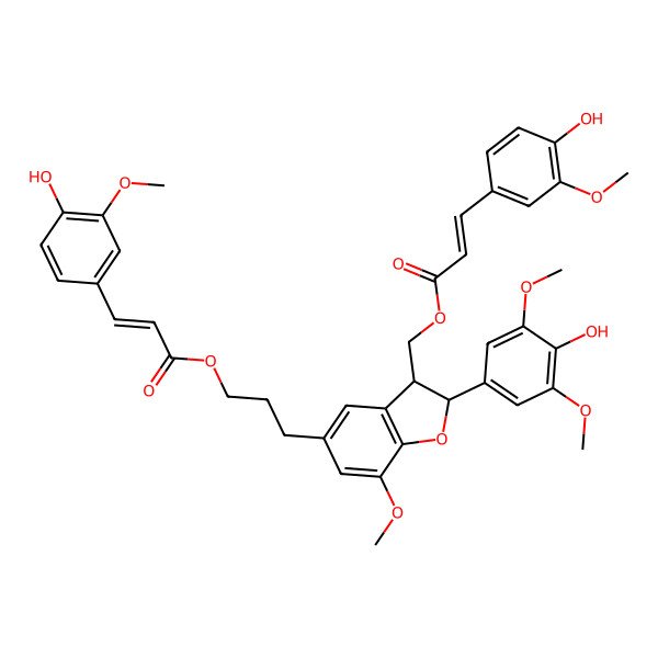 2D Structure of 3-[(2R,3S)-2-(4-hydroxy-3,5-dimethoxyphenyl)-3-[[(E)-3-(4-hydroxy-3-methoxyphenyl)prop-2-enoyl]oxymethyl]-7-methoxy-2,3-dihydro-1-benzofuran-5-yl]propyl (E)-3-(4-hydroxy-3-methoxyphenyl)prop-2-enoate