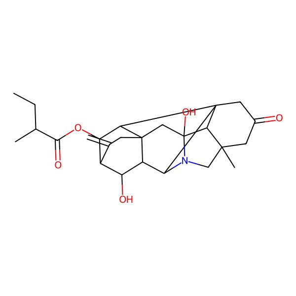 2D Structure of (10,16-Dihydroxy-5-methyl-12-methylidene-3-oxo-7-azaheptacyclo[9.6.2.01,8.05,17.07,16.09,14.014,18]nonadecan-19-yl) 2-methylbutanoate