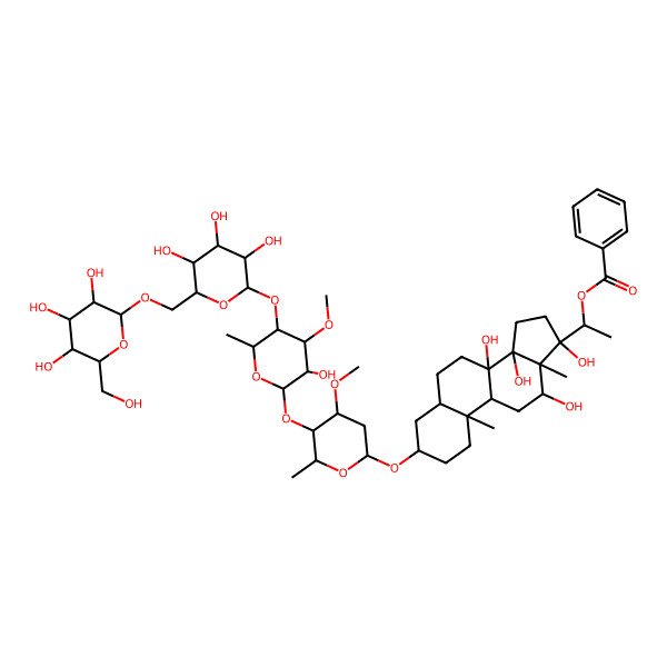 2D Structure of 1-[8,12,14,17-Tetrahydroxy-3-[5-[3-hydroxy-4-methoxy-6-methyl-5-[3,4,5-trihydroxy-6-[[3,4,5-trihydroxy-6-(hydroxymethyl)oxan-2-yl]oxymethyl]oxan-2-yl]oxyoxan-2-yl]oxy-4-methoxy-6-methyloxan-2-yl]oxy-10,13-dimethyl-1,2,3,4,5,6,7,9,11,12,15,16-dodecahydrocyclopenta[a]phenanthren-17-yl]ethyl benzoate