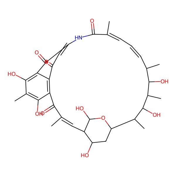 2D Structure of (1S,2E,16Z,18E,20S,21S,22R,23R,24R,25R,28R)-6,8,21,23,27,28-hexahydroxy-3,7,16,20,22,24-hexamethyl-26-oxa-14-azatetracyclo[23.2.2.19,13.05,10]triaconta-2,5(10),6,8,12,16,18-heptaene-4,11,15,30-tetrone