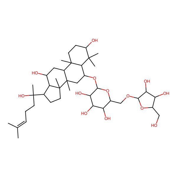 2D Structure of (2R,3R,4S,5S,6R)-2-[[(3S,5R,6S,8R,9R,10R,12R,13R,14R,17S)-3,12-dihydroxy-17-[(2S)-2-hydroxy-6-methylhept-5-en-2-yl]-4,4,8,10,14-pentamethyl-2,3,5,6,7,9,11,12,13,15,16,17-dodecahydro-1H-cyclopenta[a]phenanthren-6-yl]oxy]-6-[[(2R,3R,4R,5S)-3,4-dihydroxy-5-(hydroxymethyl)oxolan-2-yl]oxymethyl]oxane-3,4,5-triol