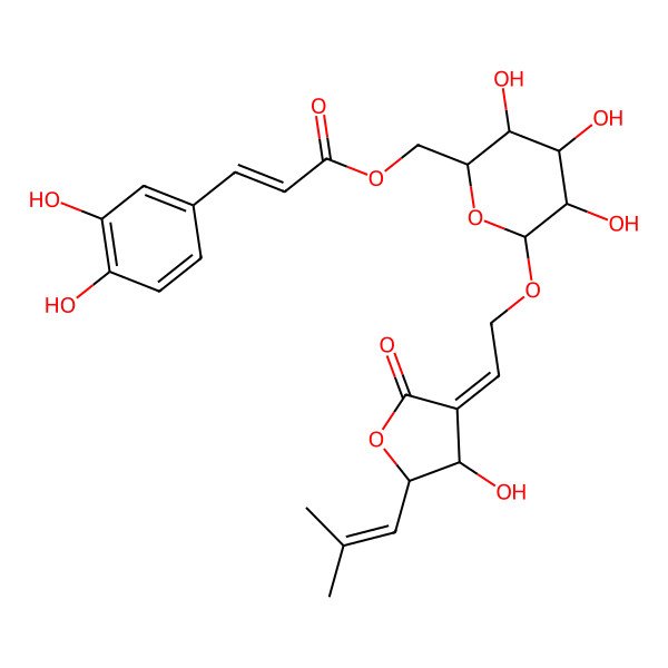 2D Structure of [3,4,5-Trihydroxy-6-[2-[4-hydroxy-5-(2-methylprop-1-enyl)-2-oxooxolan-3-ylidene]ethoxy]oxan-2-yl]methyl 3-(3,4-dihydroxyphenyl)prop-2-enoate