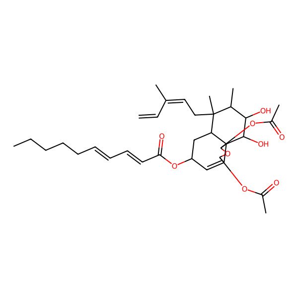 2D Structure of [1,3-Diacetyloxy-9,10-dihydroxy-7,8-dimethyl-7-(3-methylpenta-2,4-dienyl)-1,3,5,6,6a,8,9,10-octahydrobenzo[d][2]benzofuran-5-yl] deca-2,4-dienoate