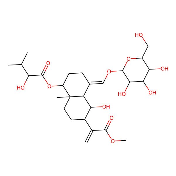 2D Structure of [5-Hydroxy-6-(3-methoxy-3-oxoprop-1-en-2-yl)-8a-methyl-4-[[3,4,5-trihydroxy-6-(hydroxymethyl)oxan-2-yl]oxymethylidene]-1,2,3,4a,5,6,7,8-octahydronaphthalen-1-yl] 2-hydroxy-3-methylbutanoate
