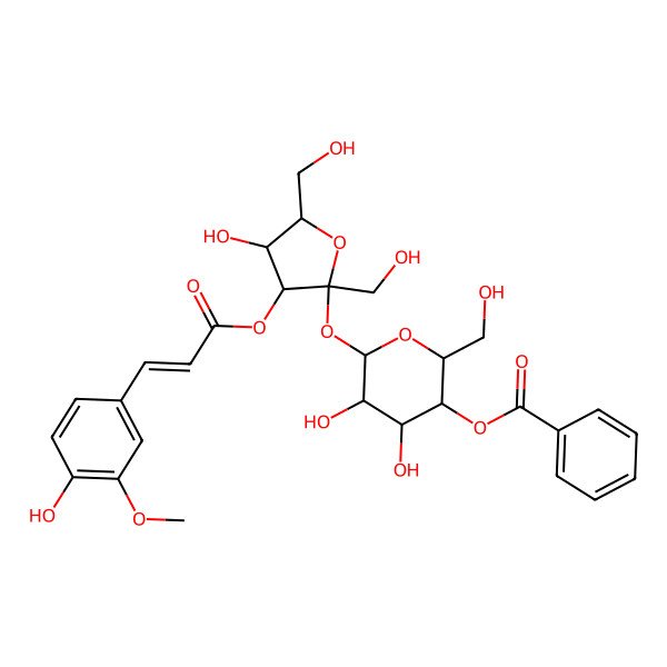 2D Structure of [4,5-Dihydroxy-6-[4-hydroxy-3-[3-(4-hydroxy-3-methoxyphenyl)prop-2-enoyloxy]-2,5-bis(hydroxymethyl)oxolan-2-yl]oxy-2-(hydroxymethyl)oxan-3-yl] benzoate