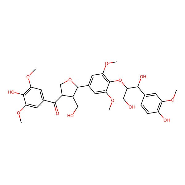 2D Structure of [(3S,4R,5S)-5-[4-[(1R,2S)-1,3-dihydroxy-1-(4-hydroxy-3-methoxyphenyl)propan-2-yl]oxy-3,5-dimethoxyphenyl]-4-(hydroxymethyl)oxolan-3-yl]-(4-hydroxy-3,5-dimethoxyphenyl)methanone
