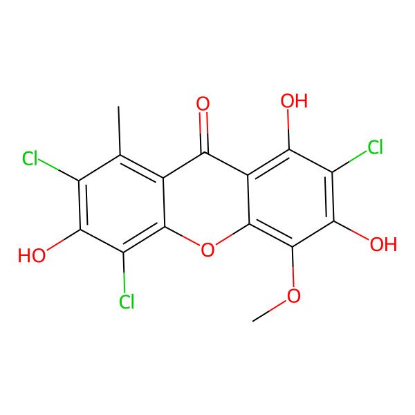 2D Structure of 2,5,7-Trichloro-1,3,6-trihydroxy-4-methoxy-8-methylxanthen-9-one