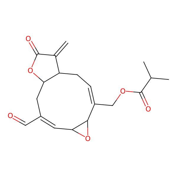 2D Structure of (9-Formyl-14-methylidene-13-oxo-6,12-dioxatricyclo[9.3.0.05,7]tetradeca-3,8-dien-4-yl)methyl 2-methylpropanoate