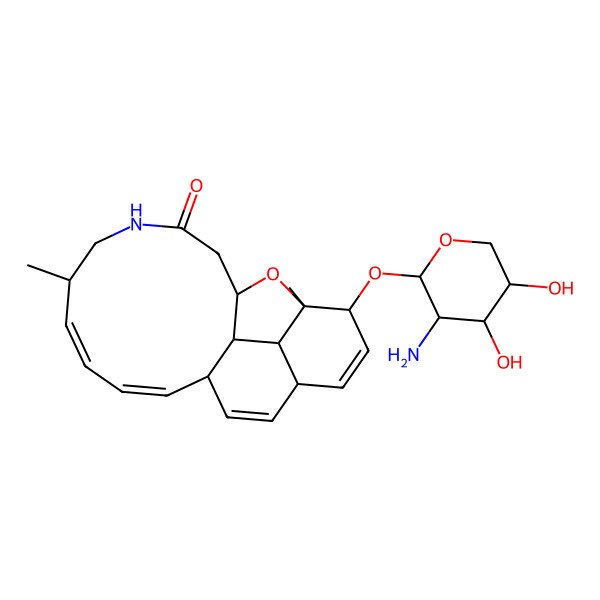 2D Structure of 2-(3-Amino-4,5-dihydroxyoxan-2-yl)oxy-1,13-dimethyl-21-oxa-15-azatetracyclo[16.2.1.05,20.08,19]henicosa-3,6,9,11-tetraen-16-one