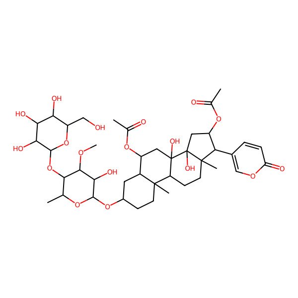 2D Structure of [(3S,5S,6R,8S,9R,10S,13R,14R,16S,17R)-16-acetyloxy-8,14-dihydroxy-3-[(2R,3S,4S,5S,6S)-3-hydroxy-4-methoxy-6-methyl-5-[(2S,3R,4S,5S,6R)-3,4,5-trihydroxy-6-(hydroxymethyl)oxan-2-yl]oxyoxan-2-yl]oxy-10,13-dimethyl-17-(6-oxopyran-3-yl)-2,3,4,5,6,7,9,11,12,15,16,17-dodecahydro-1H-cyclopenta[a]phenanthren-6-yl] acetate