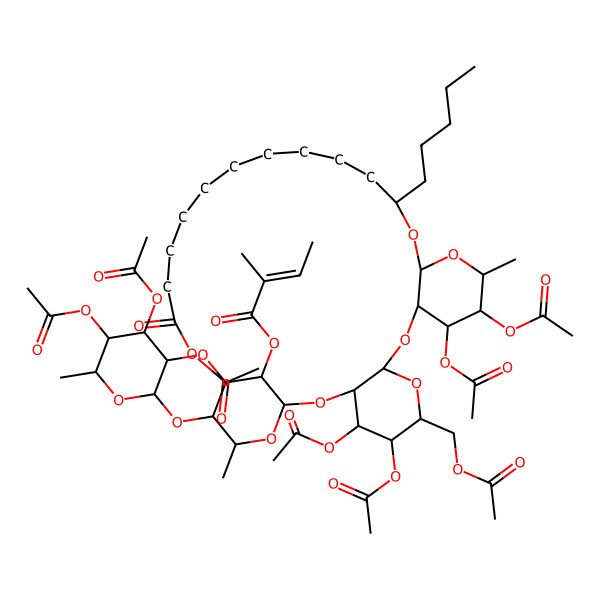 2D Structure of [(1S,3R,4S,5R,6R,8S,10R,11S,12R,13R,15R,17S,29R,30S,31S,33R)-4,5,11,12-tetraacetyloxy-6-(acetyloxymethyl)-13,31-dimethyl-27-oxo-17-pentyl-30-[(2S,3R,4S,5R,6R)-3,4,5-triacetyloxy-6-methyloxan-2-yl]oxy-2,7,9,14,16,28,32-heptaoxatetracyclo[27.3.1.03,8.010,15]tritriacontan-33-yl] (E)-2-methylbut-2-enoate