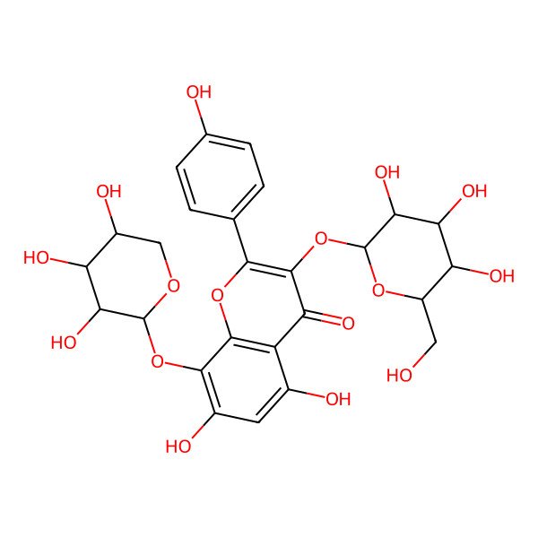 2D Structure of 5,7-dihydroxy-2-(4-hydroxyphenyl)-3-[(2S,3R,4S,5S,6R)-3,4,5-trihydroxy-6-(hydroxymethyl)oxan-2-yl]oxy-8-[(2S,3S,4S,5S)-3,4,5-trihydroxyoxan-2-yl]oxychromen-4-one