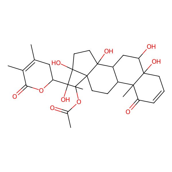 2D Structure of [(5R,6R,8R,9S,10R,13R,14R,17S)-17-[(1S)-1-[(2R)-4,5-dimethyl-6-oxo-2,3-dihydropyran-2-yl]-1-hydroxyethyl]-5,6,14,17-tetrahydroxy-10-methyl-1-oxo-6,7,8,9,11,12,15,16-octahydro-4H-cyclopenta[a]phenanthren-13-yl]methyl acetate