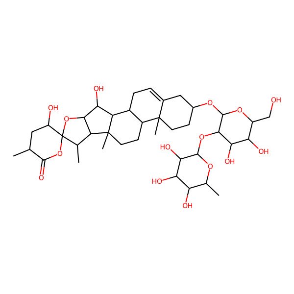 2D Structure of (1R,2S,3R,3'R,4R,5'R,6S,7S,8R,9S,12S,13R,16S)-16-[(2R,3R,4S,5S,6R)-4,5-dihydroxy-6-(hydroxymethyl)-3-[(2S,3R,4R,5R,6S)-3,4,5-trihydroxy-6-methyloxan-2-yl]oxyoxan-2-yl]oxy-3,5'-dihydroxy-3',7,9,13-tetramethylspiro[5-oxapentacyclo[10.8.0.02,9.04,8.013,18]icos-18-ene-6,6'-oxane]-2'-one