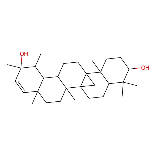 2D Structure of 2,5,8,9,15,19,19-Heptamethylhexacyclo[12.8.1.01,14.02,11.05,10.015,20]tricos-6-ene-8,18-diol