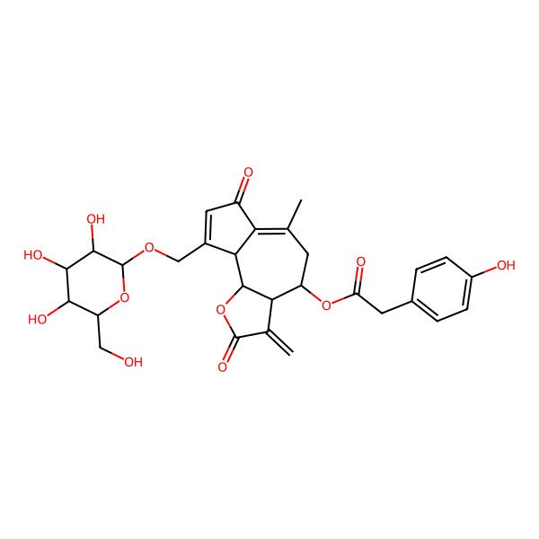 2D Structure of [(3aR,4S,9aS,9bR)-6-methyl-3-methylidene-2,7-dioxo-9-[[(2R,3R,4S,5S,6R)-3,4,5-trihydroxy-6-(hydroxymethyl)oxan-2-yl]oxymethyl]-4,5,9a,9b-tetrahydro-3aH-azuleno[4,5-b]furan-4-yl] 2-(4-hydroxyphenyl)acetate