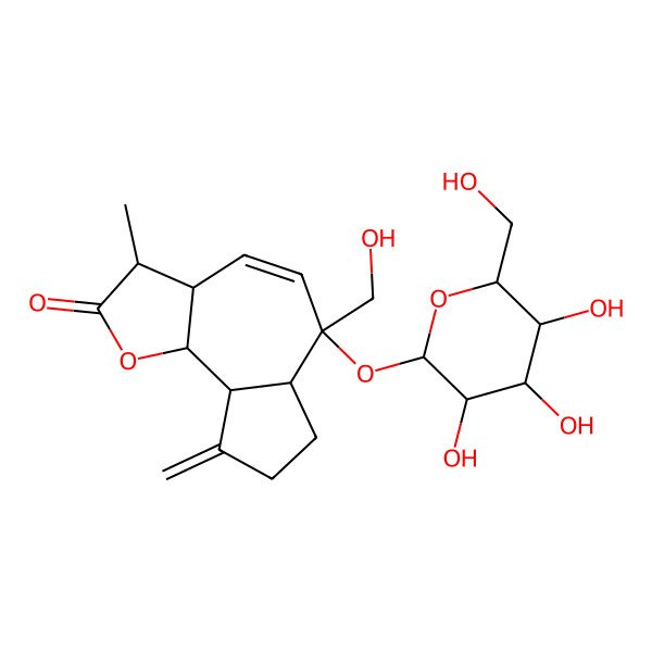 2D Structure of (3S,3aR,6S,6aR,9aR,9bS)-6-(hydroxymethyl)-3-methyl-9-methylidene-6-[(2S,3R,4S,5S,6R)-3,4,5-trihydroxy-6-(hydroxymethyl)oxan-2-yl]oxy-3a,6a,7,8,9a,9b-hexahydro-3H-azuleno[4,5-b]furan-2-one