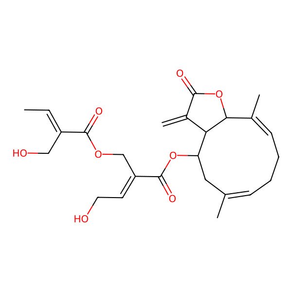 2D Structure of [(3aR,4R,6E,10E,11aS)-6,11-dimethyl-3-methylidene-2-oxo-3a,4,5,8,9,11a-hexahydrocyclodeca[b]furan-4-yl] (Z)-4-hydroxy-2-[[(E)-2-(hydroxymethyl)but-2-enoyl]oxymethyl]but-2-enoate