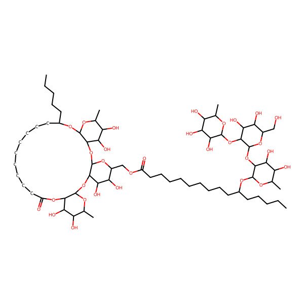 2D Structure of [(1R,3S,5R,6S,7S,8R,10S,12R,13S,14S,15R,27S,29R,31R,32R,33S)-6,7,13,14,32,33-hexahydroxy-12,31-dimethyl-17-oxo-27-pentyl-2,4,9,11,16,28,30-heptaoxatetracyclo[27.4.0.03,8.010,15]tritriacontan-5-yl]methyl (11S)-11-[(2R,3R,4S,5R,6R)-3-[(2S,3R,4S,5S,6R)-4,5-dihydroxy-6-(hydroxymethyl)-3-[(2S,3R,4S,5S,6R)-3,4,5-trihydroxy-6-methyloxan-2-yl]oxyoxan-2-yl]oxy-4,5-dihydroxy-6-methyloxan-2-yl]oxyhexadecanoate