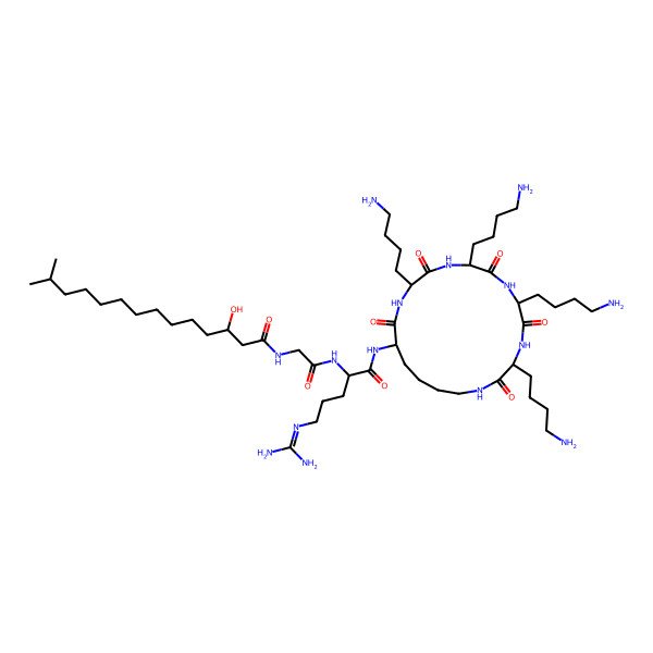 2D Structure of N-[2-[[5-(diaminomethylideneamino)-1-oxo-1-[[3,6,9,12-tetrakis(4-aminobutyl)-2,5,8,11,14-pentaoxo-1,4,7,10,13-pentazacyclononadec-15-yl]amino]pentan-2-yl]amino]-2-oxoethyl]-3-hydroxy-13-methyltetradecanamide