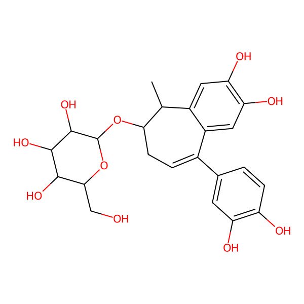 2D Structure of (2R,3R,4S,5S,6R)-2-[[(5S,6S)-9-(3,4-dihydroxyphenyl)-2,3-dihydroxy-5-methyl-6,7-dihydro-5H-benzo[7]annulen-6-yl]oxy]-6-(hydroxymethyl)oxane-3,4,5-triol