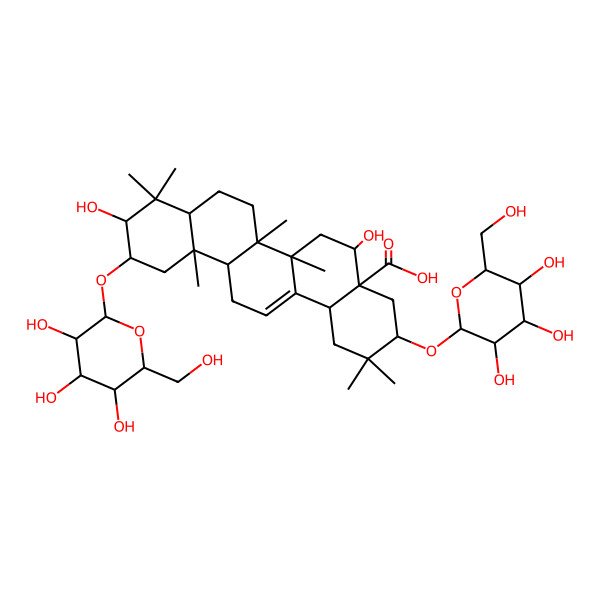 2D Structure of (3S,4aR,5S,6aR,6aS,6bR,8aR,10R,11S,12aR,14bS)-5,10-dihydroxy-2,2,6a,6b,9,9,12a-heptamethyl-3,11-bis[[(2R,3R,4S,5S,6R)-3,4,5-trihydroxy-6-(hydroxymethyl)oxan-2-yl]oxy]-1,3,4,5,6,6a,7,8,8a,10,11,12,13,14b-tetradecahydropicene-4a-carboxylic acid