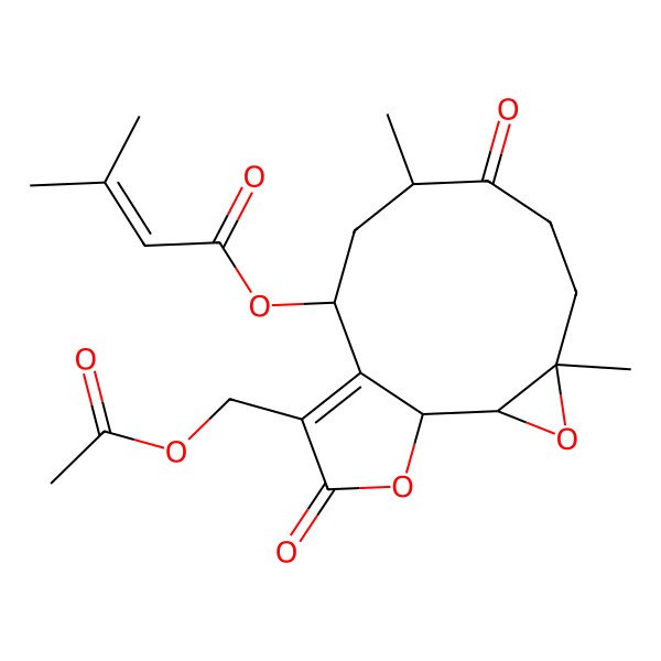 2D Structure of [12-(Acetyloxymethyl)-4,8-dimethyl-7,13-dioxo-3,14-dioxatricyclo[9.3.0.02,4]tetradec-11-en-10-yl] 3-methylbut-2-enoate