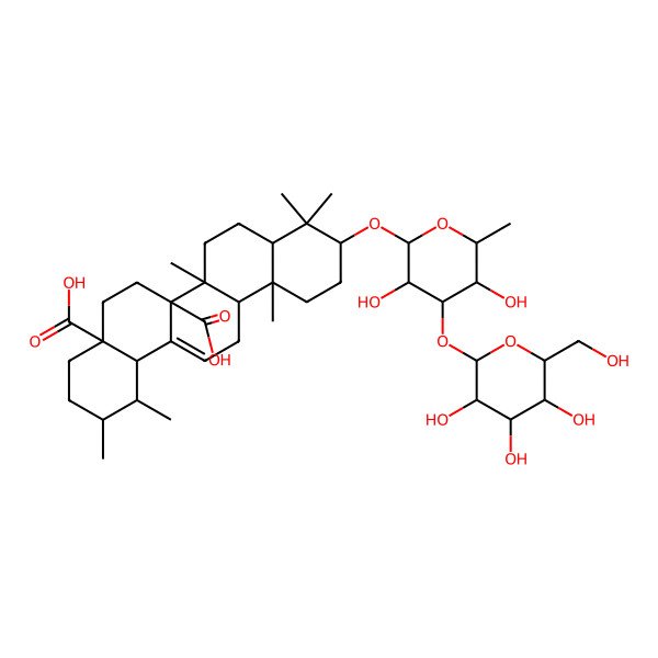 2D Structure of (1S,2R,4aS,6aR,6aR,6bR,8aR,10S,12aR,14bS)-10-[(2R,3R,4R,5S,6S)-3,5-dihydroxy-6-methyl-4-[(2S,3R,4S,5S,6R)-3,4,5-trihydroxy-6-(hydroxymethyl)oxan-2-yl]oxyoxan-2-yl]oxy-1,2,6b,9,9,12a-hexamethyl-2,3,4,5,6,6a,7,8,8a,10,11,12,13,14b-tetradecahydro-1H-picene-4a,6a-dicarboxylic acid