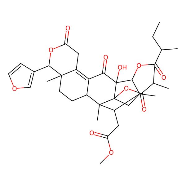 2D Structure of [6-(Furan-3-yl)-13-hydroxy-18-(2-methoxy-2-oxoethyl)-1,5,15-trimethyl-17-(2-methylpropanoyloxy)-8,12-dioxo-7-oxapentacyclo[13.2.1.02,11.05,10.013,17]octadec-10-en-14-yl] 2-methylbutanoate