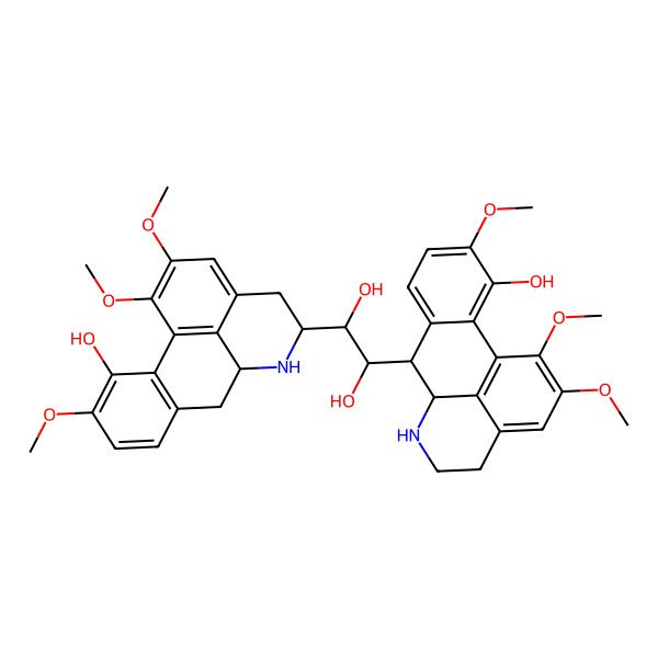 2D Structure of (1S,2R)-1-[(5R,6aR)-11-hydroxy-1,2,10-trimethoxy-5,6,6a,7-tetrahydro-4H-dibenzo[de,g]quinolin-5-yl]-2-[(6aR,7R)-11-hydroxy-1,2,10-trimethoxy-5,6,6a,7-tetrahydro-4H-dibenzo[de,g]quinolin-7-yl]ethane-1,2-diol