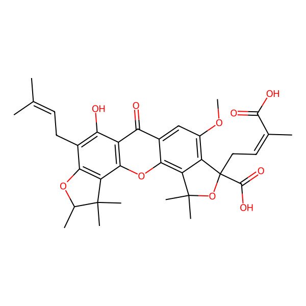 2D Structure of (7R,18R)-7-[(E)-3-carboxybut-2-enyl]-14-hydroxy-9-methoxy-5,5,18,19,19-pentamethyl-15-(3-methylbut-2-enyl)-12-oxo-2,6,17-trioxapentacyclo[11.7.0.03,11.04,8.016,20]icosa-1(13),3,8,10,14,16(20)-hexaene-7-carboxylic acid